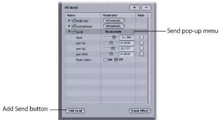 VO Jacob Name Parameter Auto ✓ High Cut Advanced... ✓ Compressor Advanced... ✓ Send Musikverb level 21.366 pan (a) 0.0000 part (b) 31.707 pan (c) 0.0000 Post-Fader Cm Off Add Send button Add Send Reset effect