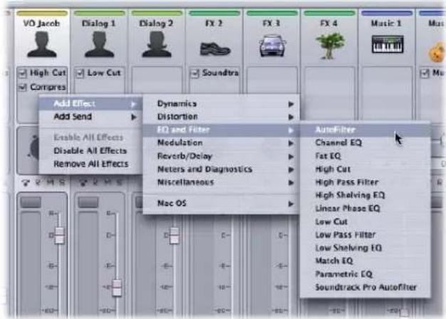 VO Jacob Dialog 1 Dialog 2 FX 2 FX 3 FX 4 Music 1 High Cut Low Cut Soundtra Add Effect Add Send Enable All Effects Disable All Effects Remove All Effects Dynamics Distortion EQ and Filter Modulation Reverb/Delay Neters and Diagnostics Miscellaneous Mac OS AutoFilter Channel EQ Fat EQ High Cut High Pass Filter High Shelving EQ Linear Phase EQ Low Cut Low Pass Filter Low Shelving EQ Match EQ Parametric EQ Soundtrack Pro AutoFilter