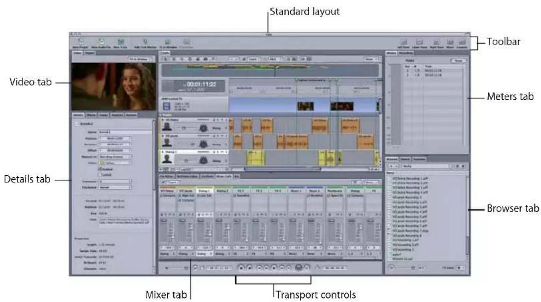 Standard layout Video tab Details tab Mixer tab Transport controls Toolbar Meters tab Browser tab