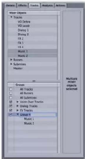 Details Effects Tracks Analysis Actions Mixer Objects Tracks VO Delta VO Jazzub Dialog 1 Dialog 2 FX 2 FX 3 FX 4 Music 1 Music 2 Busses Submines Master Groups All Tracks All Busses All Submines Voice Over Tracks Dialog Tracks FX Tracks Group 4 Music 1 Music 2 Multiple mixer objects selected