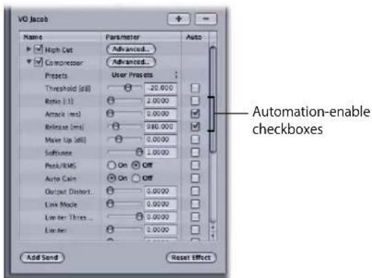 VO Jacob Name Parameter Auto High Cut Advanced... Compressor Advanced... Presets User Presets Threshold (p8) 20.000 Ratio (L1) 2.0000 Attack (ms) 0.0000 Release (ms) 960.000 Make Up (M) Software 1.0000 Pack/RMS On Off Auto Gain On Off Output Distort... 0.0000 Link Mode 0.0000 Lnter: Three... 0.0000 Lnter 0.0000 Add Send Reset Effect Automation-enable checkboxes