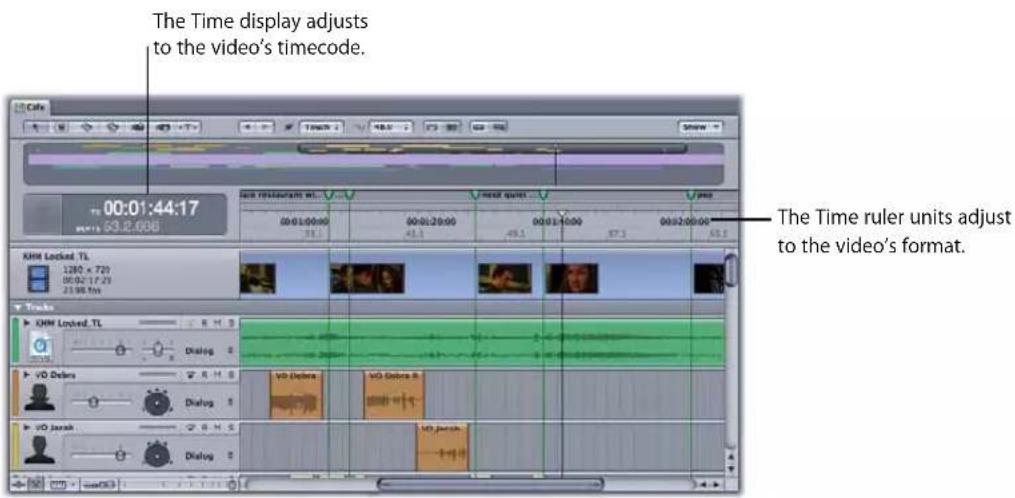 The Time display adjusts to the video's timecode. 00:01:44:17 53.2.006 KMM Locked TL 1280 x 720 06:02:17:21 21:06:00x Trucks KMM Locked TL Dialog 0 VD Colors Dialog 0 VD Colors A VD Colors B VD Colors C Dialog 0 VD Colors D Dialog 0 VD Colors E Dialog 0 The Time ruler units adjust to the video's format.