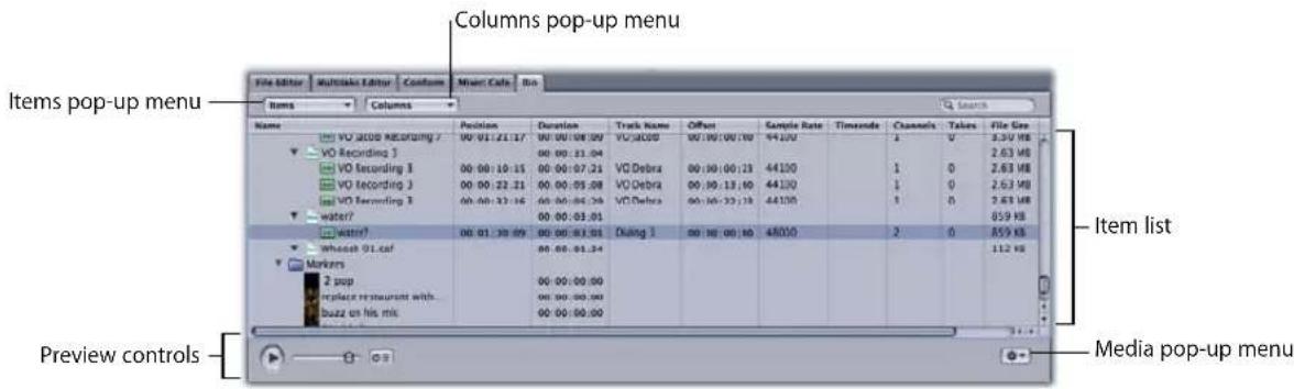 Columns pop-up menu Items pop-up menu Item list Preview controls Media pop-up menu