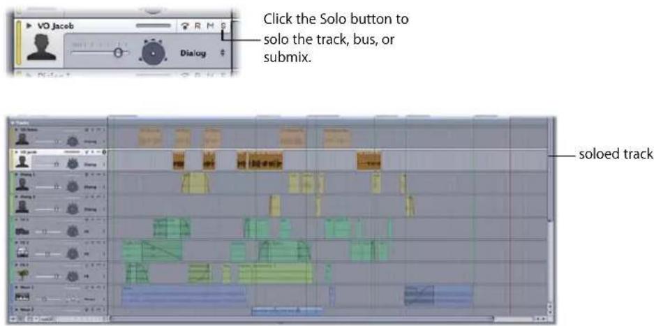 Click the Solo button to solo the track, bus, or submix. soloed track