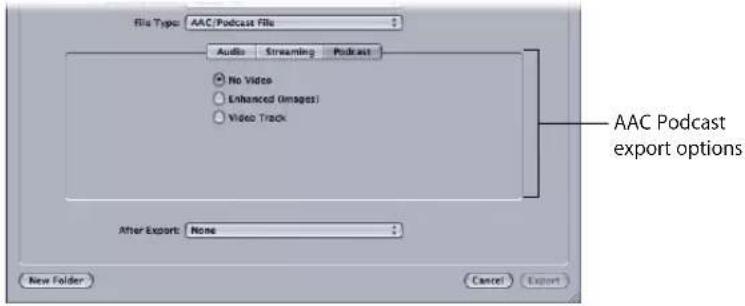 File Type: AAC/Podcast File Audio Streaming Podcast No Video Enhanced Images Video Track After Export: None New Folder Cancel Export AAC Podcast export options