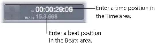 00:00:29:09 BENTS 15.3.668 Enter a time position in the Time area. Enter a beat position in the Beats area.