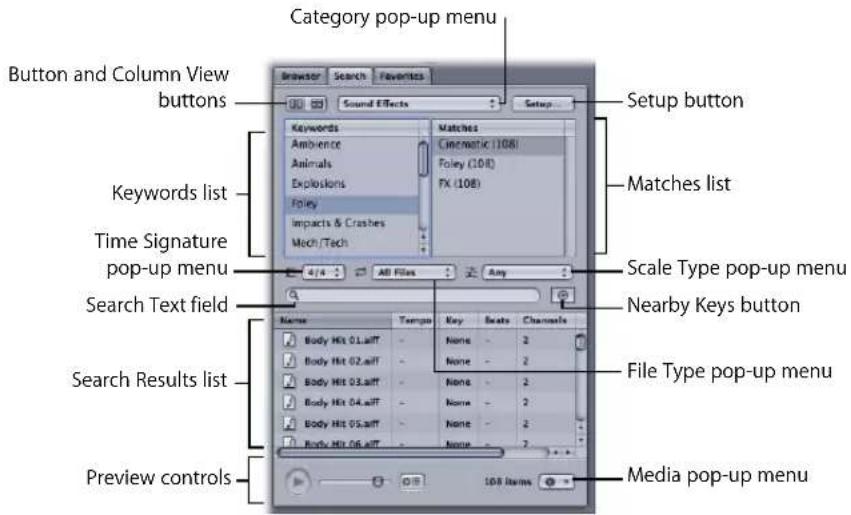 Category pop-up menu Button and Column View buttons Search Effects Keywords list Time Signature pop-up menu Search Text field Search Results list Preview controls Setup button Matches list Scale Type pop-up menu Nearby Keys button File Type pop-up menu Media pop-up menu