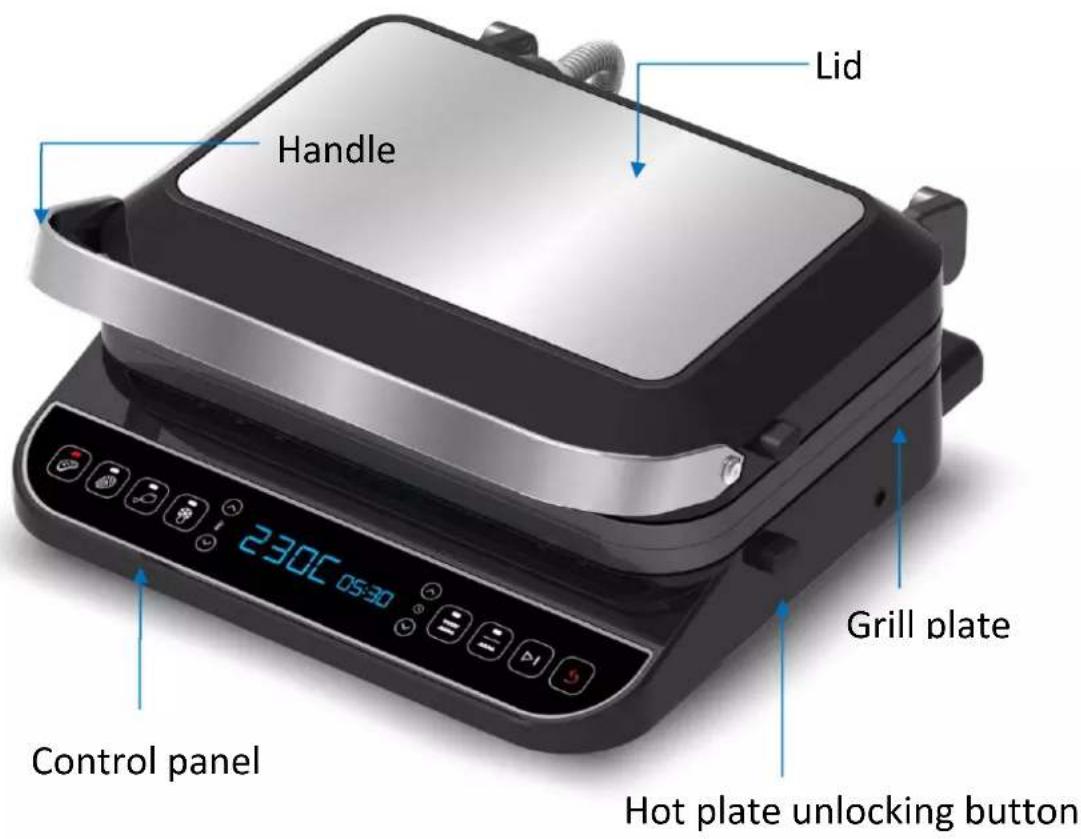 Handle Lid Control panel 230°C 05:30 Grill plate Hot plate unlocking button