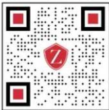 QR code with central red logo containing a stylized 'Z' and red square markers