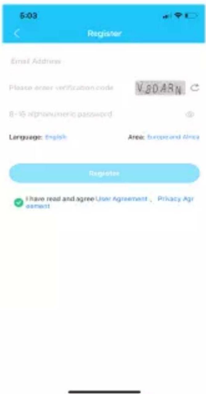 5-03 Register Email Address: Please enter verification code VSDARN 8-16 alphanumeric password Language: English Area: Europe and Africa Register I have read and agree User Agreement Privacy Agreement