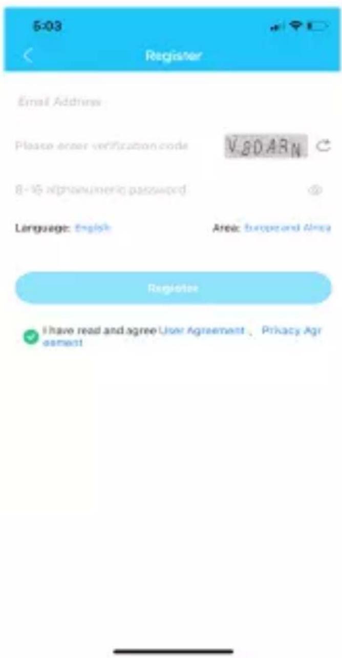 5-03 Register Email Address: Please enter verification code VSDARN 8-15 alphanumeric password Language: English Area: Europe and Africa Register I have read and agree User Agreement Privacy Agreement