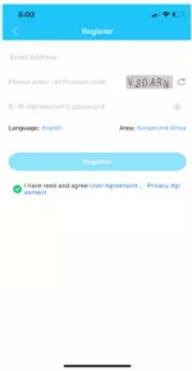 5-03 Register Email Address: Please enter verification code VSDARN 8-15 alphanumeric password Language: English Area: Europe and Asia Register I have read and agree User Agreement Privacy Agreement