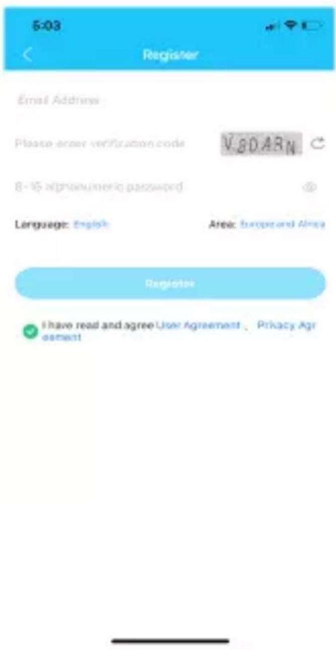 5-03 Register Email Address: Please enter verification code VSDARN 8-15 alphanumeric password Language: English Area: Europe and Asia Register I have read and agree User Agreement Privacy Agreement