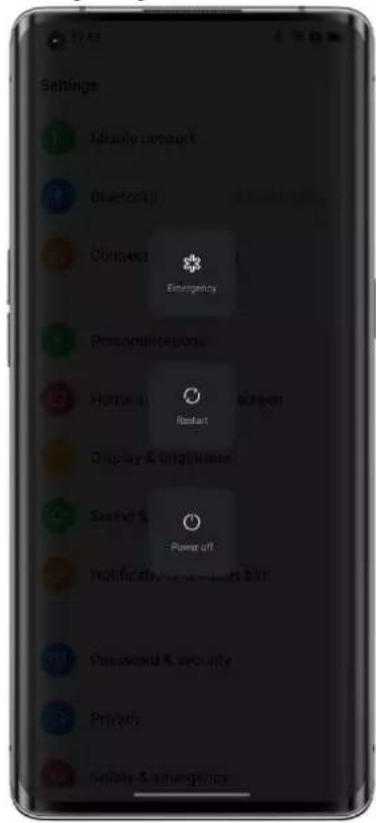 Settings Mobile network Bluetooth(I) Connect Emergency Personnel options Home Restart Display & brightness Save it Power off Notification & security bar Password & security Privacy Safety & emergency