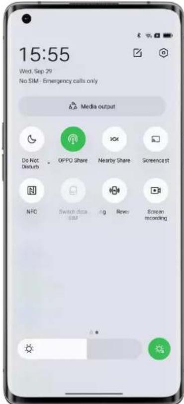 15:55 Wed, Sep 29 No SIM - Emergency calls only Media output Do Not Disturb OPPO Share Nearby Share Screncast NFC Switch data log Rever Screen recording
