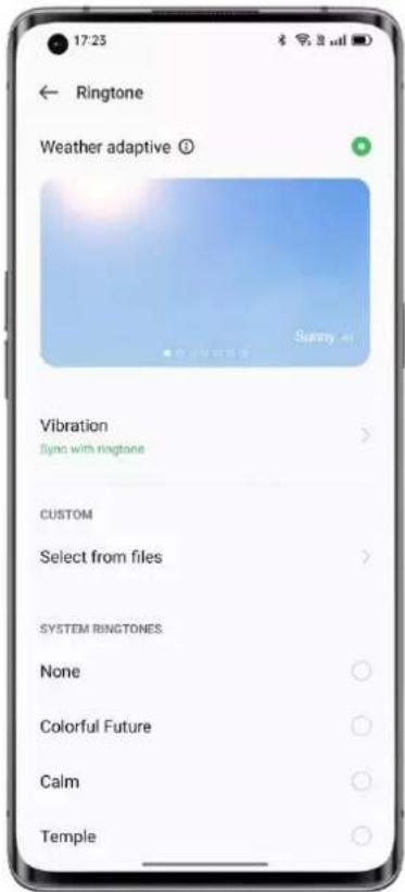 17:25 ← Ringtone Weather adaptive Ⓐ Vibration Sync with ringtone > CUSTOM Select from files > SYSTEM RINGTONES None Colorful Future Calm Temple