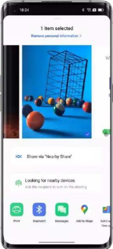 1 item selected Remove personal information > Share via 'Nearby Share' Looking for nearby devices Ask the recipient to turn on the sharing Print Bluetooth Messages Add to Maps Send out Files w