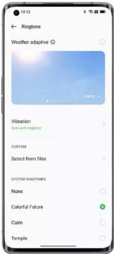 10:12 ← Ringtone Weather adaptive Ⓒ Vibration Sync with ringtone > CUSTOM Select from files > SYSTEM RINGTONES None Colorful Future Calm Temple
