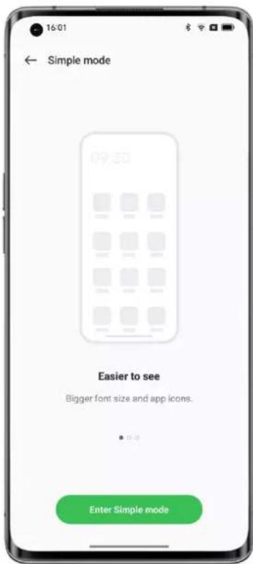 16:01 ← Simple mode Easier to see Bigger font size and app icons. • 0-5 Enter Simple mode