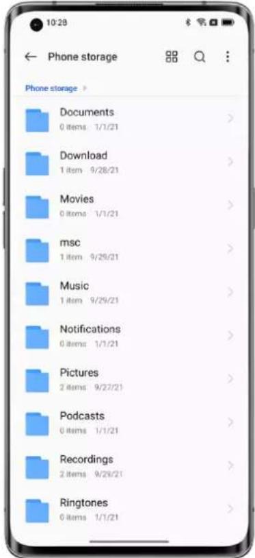 Phone storage Phone storage > Documents 0 items 1/1/21 Download 1 item 9/28/21 Movies 0 items 1/1/21 msc 1 item 9/29/21 Music 1 item 9/29/21 Notifications 0 items 1/1/21 Pictures 2 items 9/27/21 Podcasts 0 items 1/1/21 Recordings 2 items 9/29/21 Ringtones 0 items 1/1/21
