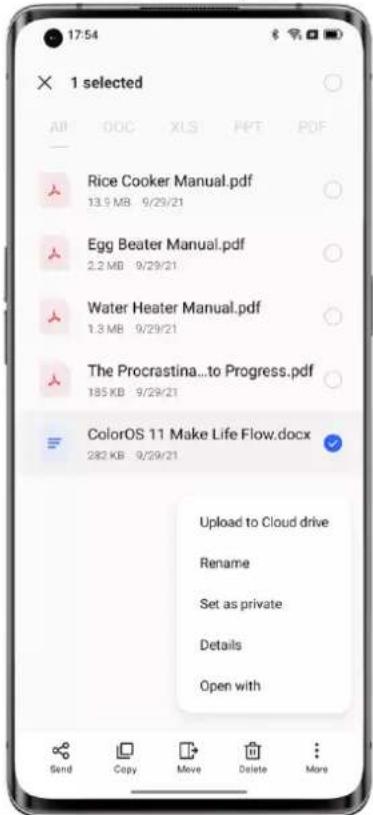 1 selected All DOC XLS PFT PDF Rice Cooker Manual.pdf 13.9 MB 9/29/21 Egg Beater Manual.pdf 2.2 MB 9/29/21 Water Heater Manual.pdf 1.3 MB 9/29/21 The Procrastina...to Progress.pdf 185 KB 9/29/21 ColorOS 11 Make Life Flow.docx 282 KB 9/29/21 Upload to Cloud drive Rename Set as private Details Open with Send Copy Move Delete More