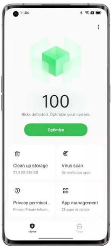 11:06 100 Risks detected. Optimize your system. Optimize Clean up storage 31.3 GB/256 GB Virus scan No malicious apps Privacy permissi... Protect Private Inform... App management 21 apps to update Home Tunes