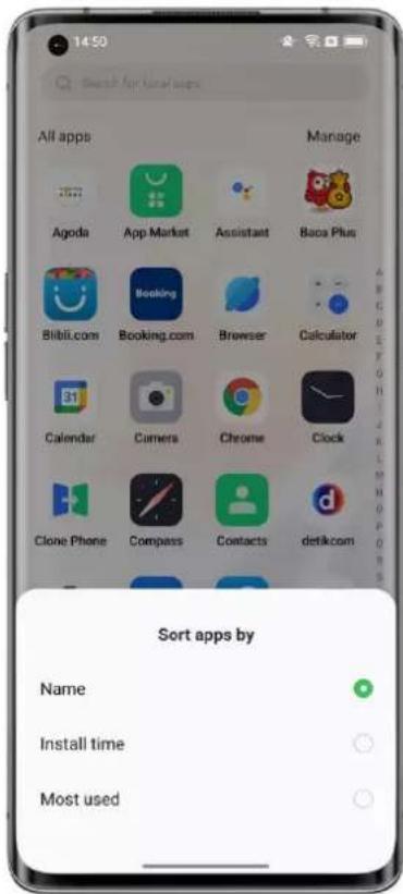14:50 Search for local apps All apps Manage Agoda App Market Assistant Baco Plus Blibi.com Booking.com Browser Calculator Calendar Camers Chrome Clock Clone Phone Compass Contacts detikcom Sort apps by Name Install time Most used
