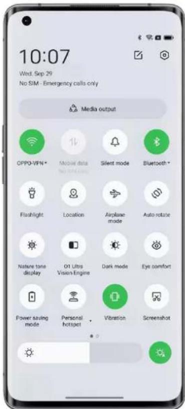 10:07 Wed, Sep 29 No SIM - Emergency calls only Media output OPPO-VPN * Mobile data Silent mode Bluetooth * Flashlight Location Airplane- mode Auto rotate Nature tone display O1 Ultra Vision Engine Dark mode Eye comfort Power saving mode Personal hotspot Vibration Screenshot