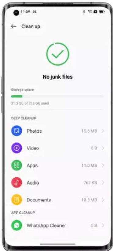 11:09 ← Clean up No junk files Storage space 31.3 GB of 256 GB used DEEP CLEANUP Photos 15.6 MB > Video 0 B > Apps 11.0 MB > Audio 767 KB > Documents 18.8 MB > APP CLEANUP WhatsApp Cleaner 0 B >