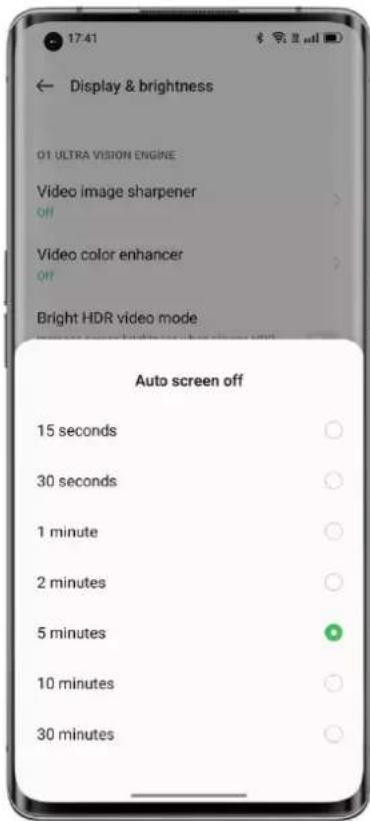 Display & brightness 01 ULTRA VISION ENGINE Video image sharpener Off Video color enhancer Off Bright HDR video mode Auto screen off 15 seconds 30 seconds 1 minute 2 minutes 5 minutes 10 minutes 30 minutes