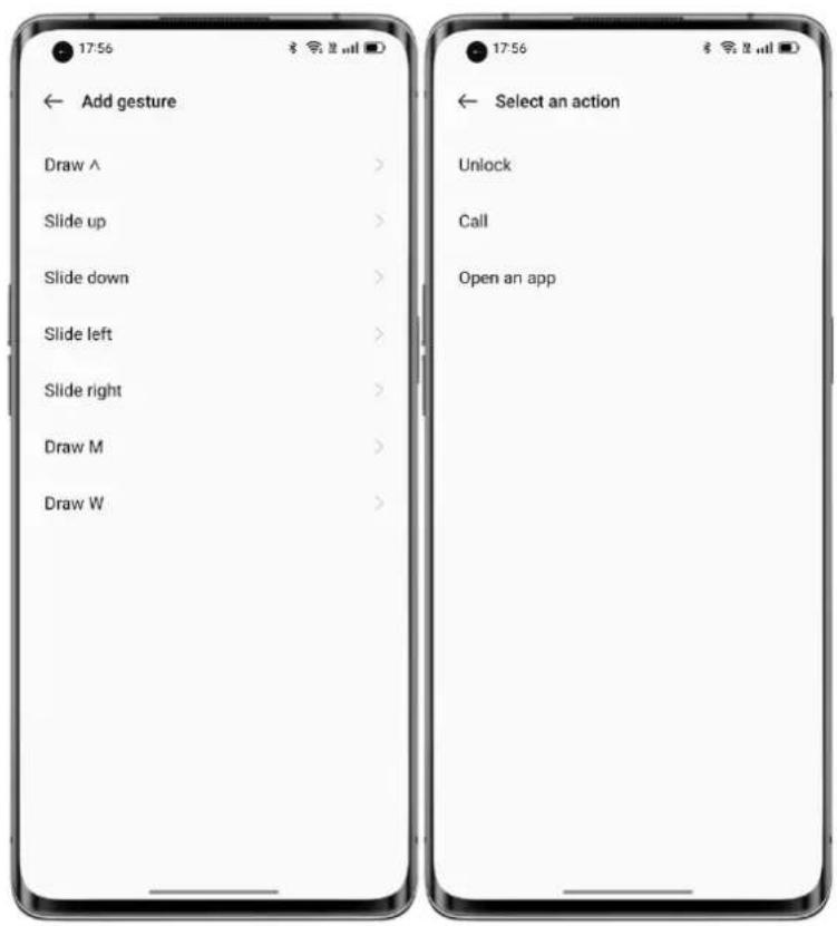 17:56 Add gesture Draw ^ > Slide up > Slide down > Slide left > Slide right > Draw M > Draw W > Select an action Unlock Call Open an app