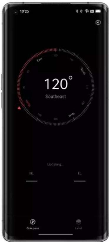10:25 East Southeast 120° Southeast Updating... NL EL Compass Level