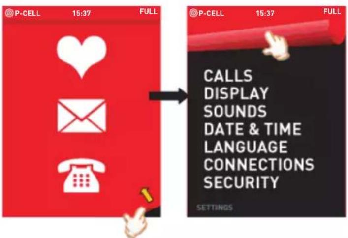 P-CELL 15:37 FULL CALLS DISPLAY SOUNDS DATE & TIME LANGUAGE CONNECTIONS SECURITY SETTINGS