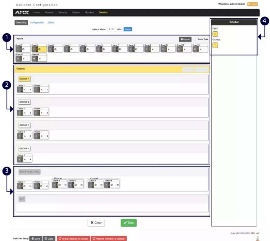 Switcher Configuration Welcome, administrator Switching Configuration Status Switch Mode: A/V Video Auto Inputs Input 1 Input 2 Input 3 Input 4 Input 5 Input 6 Input 7 Input 8 Input 9 Input 10 Input 11 Input 12 Legend Auto Take Groups: Input 1 Output 1 Output 1 Output 1 Output 1 GROUP 1 Output 1 Output 1 GROUP 2 Output 2 Output 2 GROUP 3 Output 3 Output 3 GROUP 4 Output 4 OUTPUT PASS-TWO Output 1 Output 2 Ulmored Output 3 Ulmored Ulmored Output 4 Ulmored OFF Selected Input: 2 Groups: 1 X Clear Take Switcher Setup Save Load Group Restore to Default Picture Switcher to Default Copyright © 2006-2021 AMX LLC
