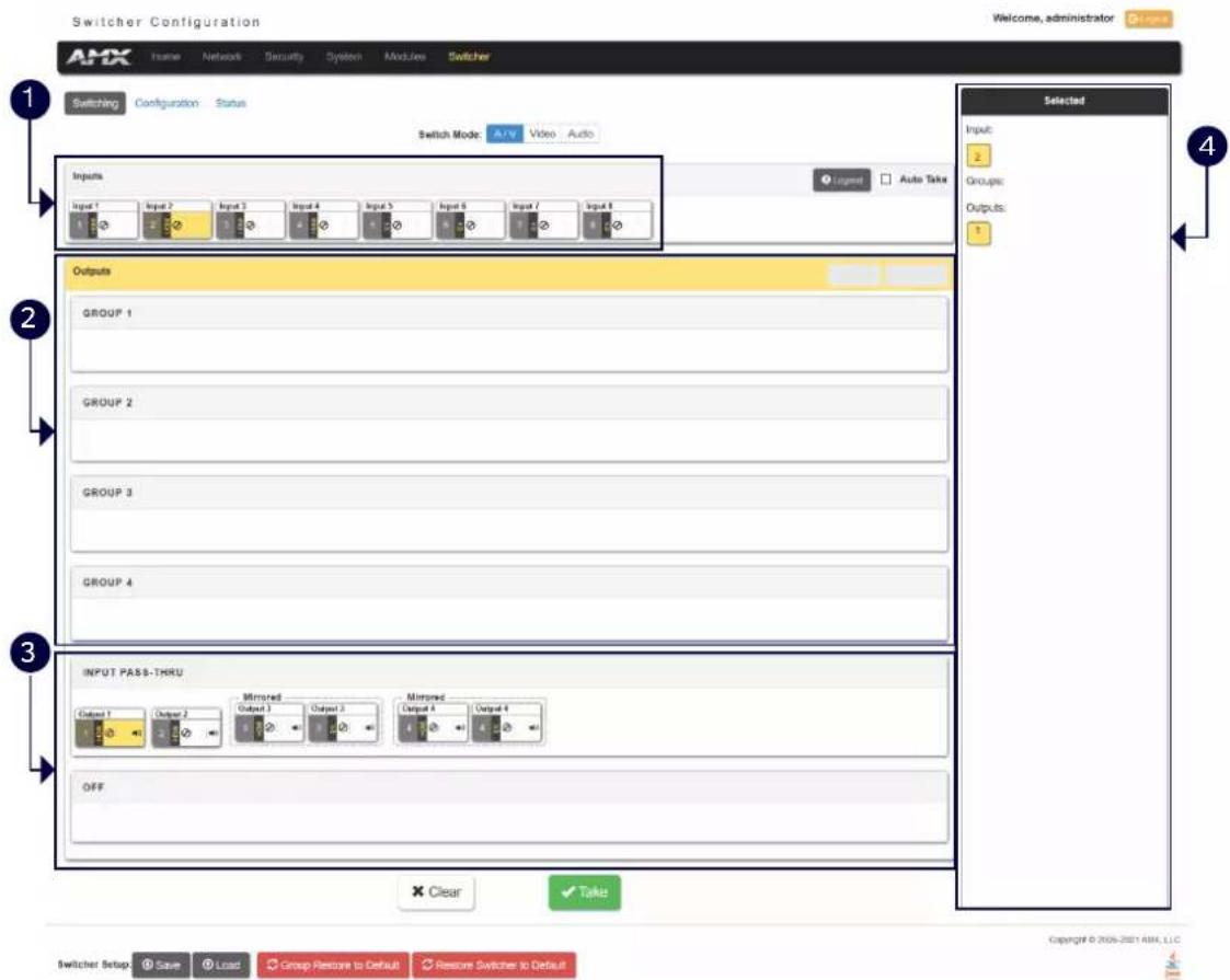 Switcher Configuration Welcome, administrator Switching Configuration Status Switch Mode: AVV Video Audio Inputs Input 1 Input 2 Input 3 Input 4 Input 5 Input 6 Input 7 Input 8 Output GROUP 1 GROUP 2 GROUP 3 GROUP 4 INPUT PASS-THRU Output 1 Output 2 Mirrored Output 3 Mirrored Output 4 OFF Selected Input: 2 Groups: Outputs: 1 X Clear ✓ Take Switcher Setup Save Load Group Passive to Default Remove Switcher to Default Copyright © 2005-2021 IBM, LLC