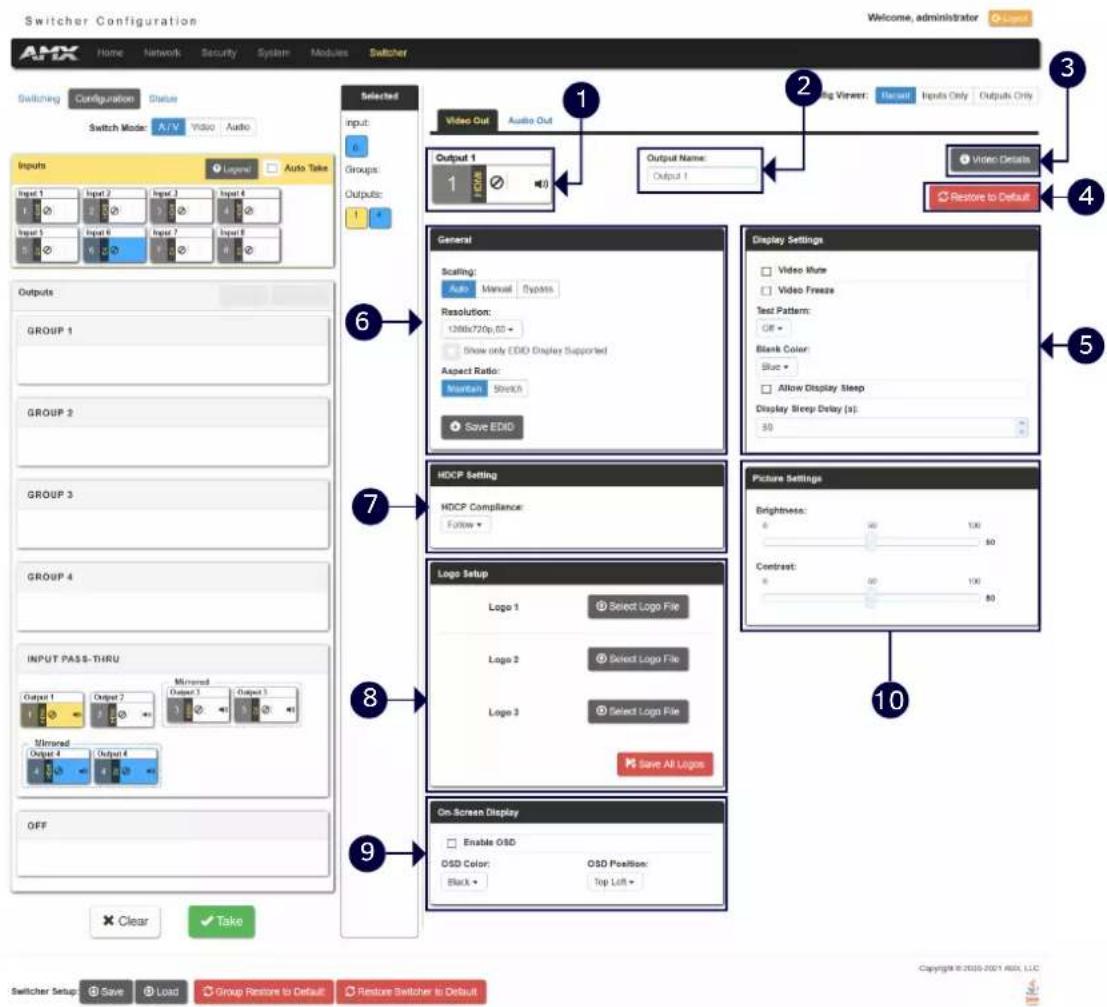 Switcher Configuration Welcome, administrator AMX Home Network Security System Modules Switcher Switching Configuration Status Switch Mode: A/FV Audio Audio Inputs Input 1 Input 2 Input 3 Input 4 Input 5 Input 6 Input 7 Input 8 Selected input: 6 Groups Output: 1 Output Name: Output 1 Video Out Audio Out Output 1 General Scaling: Auto Manual Byotox Resolution: 1200x720p.65 + Show only EDD Display Supported Aspect Ratio: Maintain Stretch Save EDD Display Settings Video Rate Video Freeze Test Pattern: Off + Blank Color: Sluc + Allow Display Sleep Display Sleep Delay (s): 30 HDCP Setting HDCP Compliance: Follow - Picture Settings Brightness: 60 100 80 Contrast: 60 100 80 Logo Setup Logo 1 Select Logo File Logo 2 Select Logo File Logo 3 Select Logo File Save All Logos On Screen Display Enable OSD OSD Color: OSD Position: Blat X Top Left > OFF Clear Take Switcher Setup Save Load Group Restore to Default Restore Switcher to Default