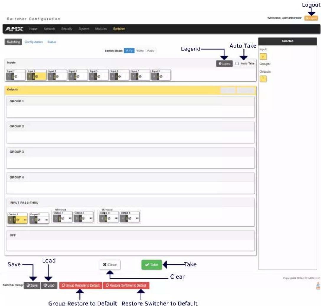 Switcher Configuration Login Welcome, administrator A##X Home Network Security System Modules Switcher Switching Configuration Status Switch Mode: A/V Video Audio Legend Auto Take Inputs Input 1 Input 2 Input 3 Input 4 Input 5 Input 6 Input 7 Input 8 Auto Take Selected Input: 2 Groups: Output: 1 Outputs GROUP 1 GROUP 2 GROUP 3 GROUP 4 INPUT PASS-THRU Output 1 Output 2 Group 1 Group 2 Group 3 Group 4 Group 5 Group 6 Group 7 Group 8 MimSED Output 1 Output 2 Group 1 Group 3 Group 4 Group 5 Group 6 Group 7 Group 8 MimSED Output 1 Output 2 Group 1 Group 3 Group 4 Group 5 Group 6 Group 7 Group 8 OFF Save Load Load Group Restore to Default Restore Switcher to Default Success Clear Take Take Clear Switcher Setup Save Load Load Group Restore to Default Restore Switcher to Default