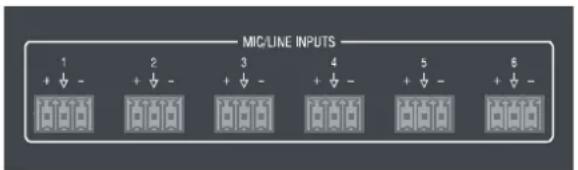 MIC/LINE INPUTS 1 + ↓ - 2 + ↓ - 3 + ↓ - 4 + ↓ - 5 + ↓ - 6