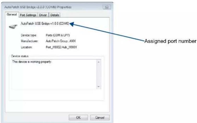 AutoPatch USB Bridge v1.0.0 (COMb) Properties General Port Settings Driver Details AutoPatch USB Bridge v1.0.0 (COMb) Device type: Ports (COM & LPT) Manufacturer: AutoPatch Group, AMX Location: Port_00002.Hub_00001 Device status This device is working property. Assigned port number OK Cancel