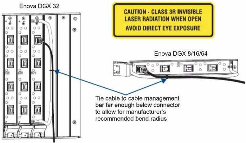 Enova DGX 32 CAUTION - CLASS 3R INVISIBLE LASER RADIATION WHEN OPEN AVOID DIRECT EYE EXPOSURE Enova DGX 8/16/64 Tie cable to cable management bar far enough below connector to allow for manufacturer's recommended bend radius