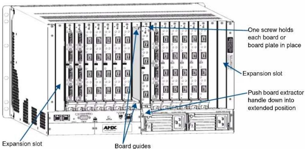 One screw holds each board or board plate in place Expansion slot Push board extractor handle down into extended position Expansion slot Board guides