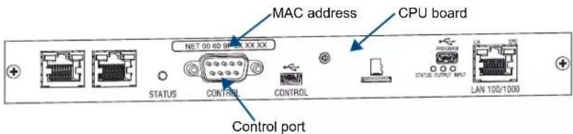 MAC address CPU board NET 00 40 90XX XX XX STATUS CONTROL CONTROL 0 0 0 STATUS OUTPUT INPUT LAN 100/1000 Control port