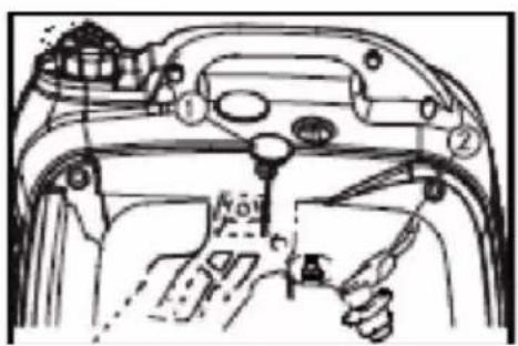 Technical diagram of a vehicle engine compartment with labeled parts and hand gesture