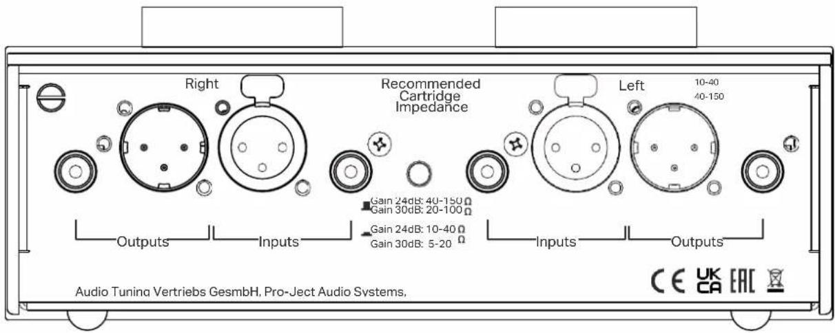 Right Recommended Cartridge Impedance Left 10-40 40-150 Gain 24dB: 40-150Ω Gain 30dB: 20-100Ω Gain 24dB: 10-40Ω Gain 30dB: 5-20Ω Outputs Inputs Inputs Outputs Audio Tuning Vertriebs GesmbH, Pro-Ject Audio Systems. CE UK CA EAC