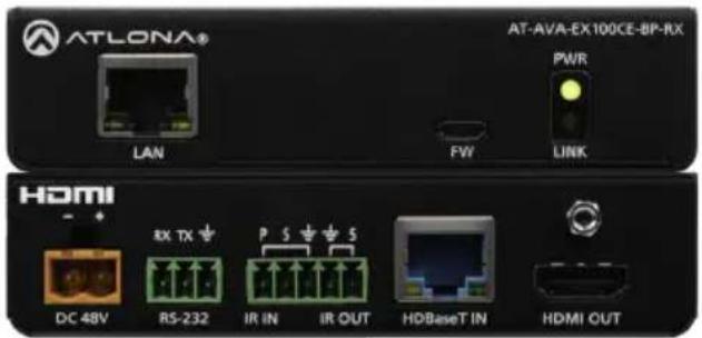 ATLONA® LAN FW LINK AT-AVA-EX100CE-BP-RX PWR HDMI DC 48V RX TX RS-232 IR IN IR OUT HDBaseT IN HDMI OUT