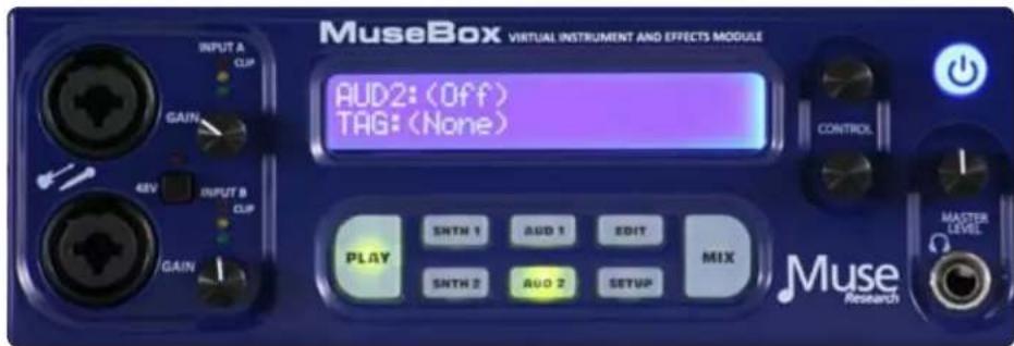 MuseBox VIRTUAL INSTRUMENT AND EFFECTS MODULE AUD2: (Off) TAG: (None) CONTROL PLAY SNTN 1 AUD 1 EDIT MIX SNTN 2 AUD 2 SETUP Muse Research MASTER LEVEL