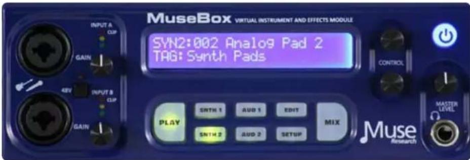 MuseBox VIRTUAL INSTRUMENT AND EFFECTS MODULE SYN2:002 Analog Pad 2 TAG: Synth Pads CONTROL PLAY SETH 1 AUD 1 EDIT SETH 2 AUD 2 SETUP MIX MUSE Research