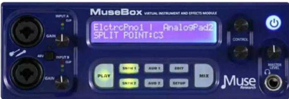 MuseBox VIRTUAL INSTRUMENT AND EFFECTS MODULE ElctrcPno1 I AnalogPad2 SPLIT POINT:C3 CONTROL PLAY SETH 1 AUD 1 EDIT MIX SETH 2 AUD 2 SETUP MUSE MUSE Research
