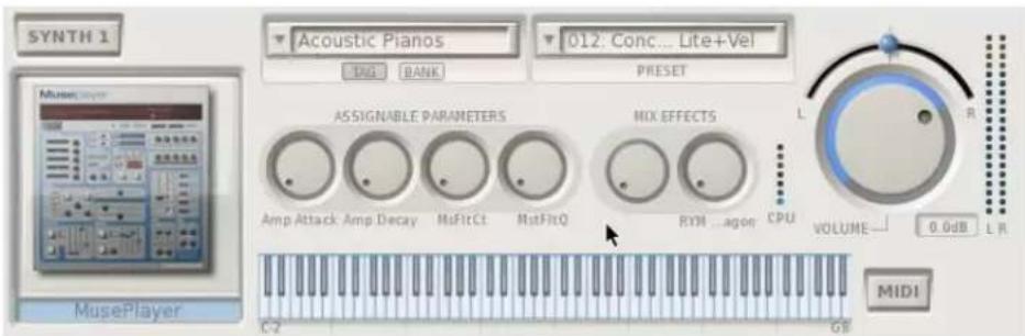 SYNTH 1 Acoustic Pianos 012: Conc... Lite+Vel TAG BANK PRESET ASSIGNABLE PARAMETERS MIX EFFECTS L R Amp Attack Amp Decay RoFitCt RotFitQ RYM ...agon CPU VOLUME 0.0dB LR MUSEPlayer C2 GB MIDI