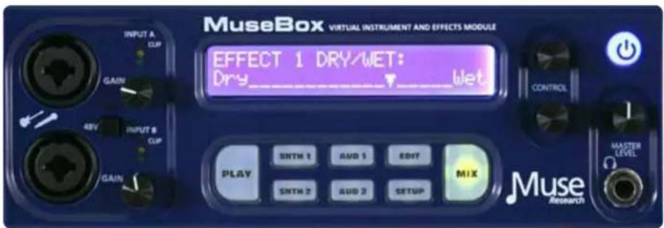 MuseBox VIRTUAL INSTRUMENT AND EFFECTS MODULE EFFECT 1 DRY/WET: Dry wet CONTROL PLAY SINTH 1 AUD 1 EDIT MIX SINTH 2 AUD 2 SETUP MUSE RESEARCH MASTER LEVEL